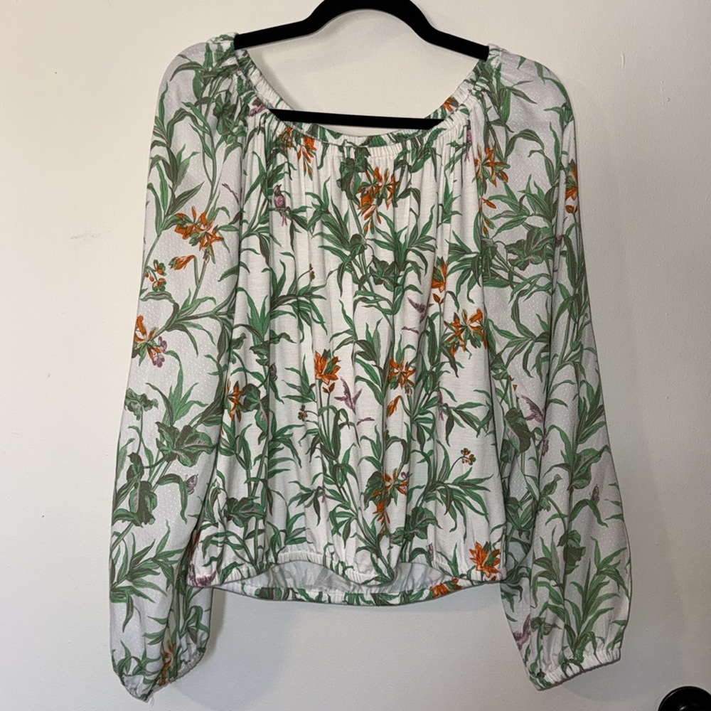 Anthropologie White Floral Long Sleeve Blouse with Pink Birds Size Medium‎ - Picture 2 of 6